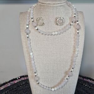 Elegant‎ Rose Quartz & White w/ 925 Beads and Earrings Necklace Set